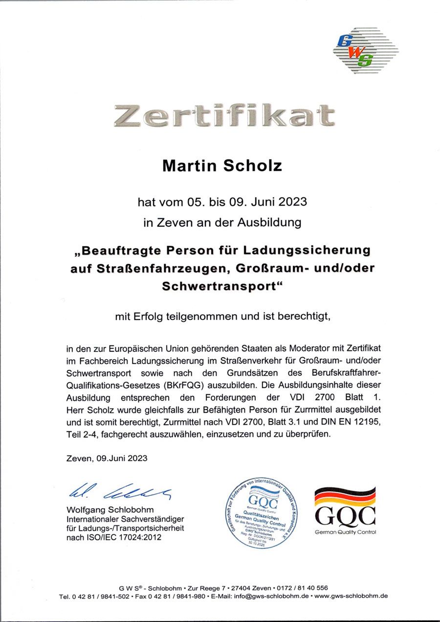 Rostocker Transportservice Martin Scholz e.K. Zertifikat